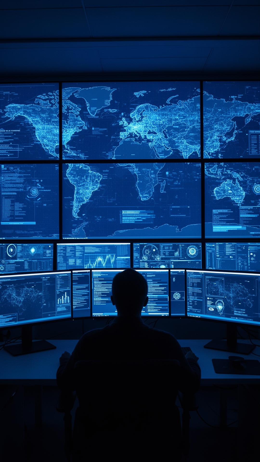 Operador em Security Operations Center monitorando ameaças cibernéticas