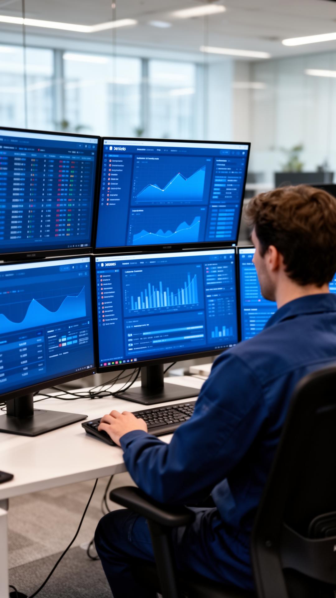 Profissional de TI em estação de trabalho com múltiplos monitores de dashboards